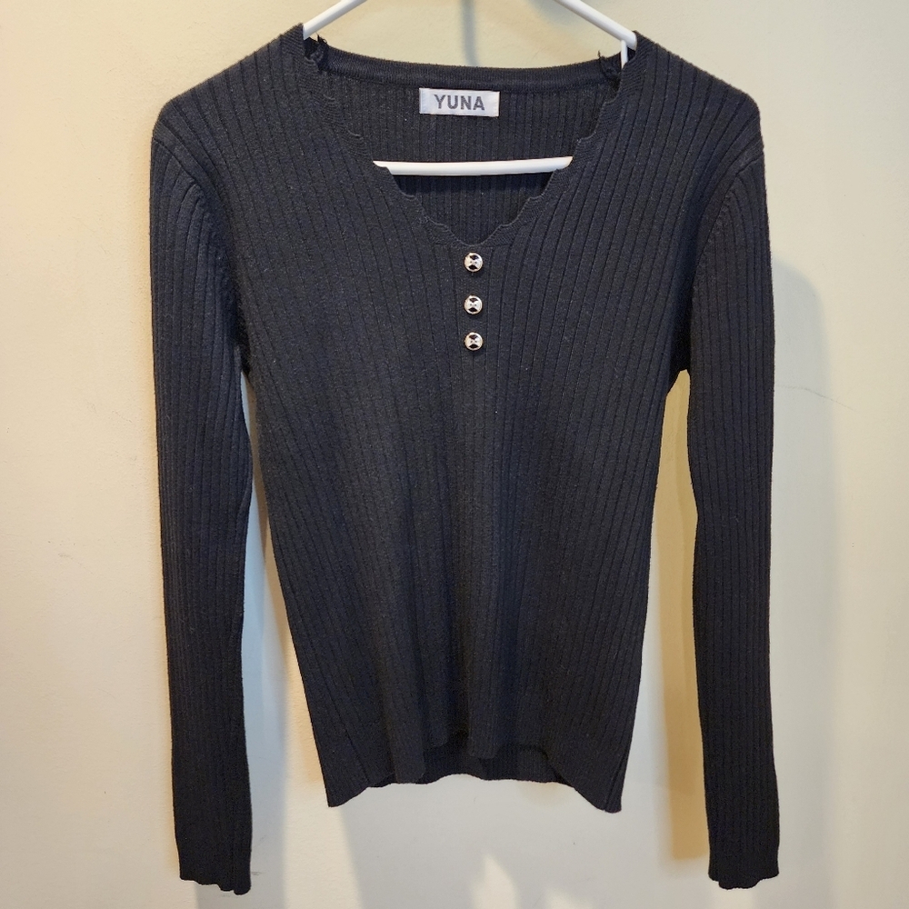 YUNA Black Ribbed Long Sleeve Sweater Fits M
